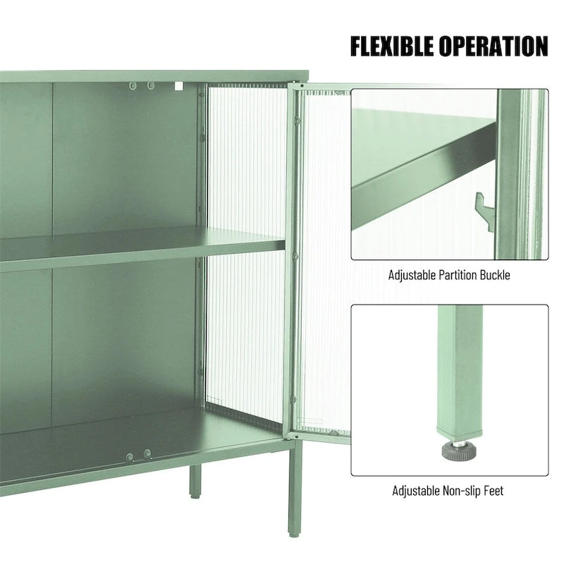 Buffet de rangement 4 portes en acier cannelé vert menthe/bleu/noir et verre trempé avec étagère réglable et dispositif anti-basculement