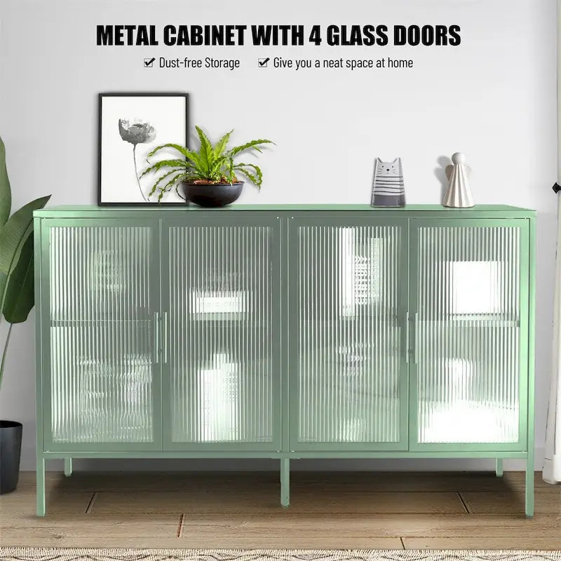 Buffet de rangement 4 portes en acier cannelé vert menthe/bleu/noir et verre trempé avec étagère réglable et dispositif anti-basculement