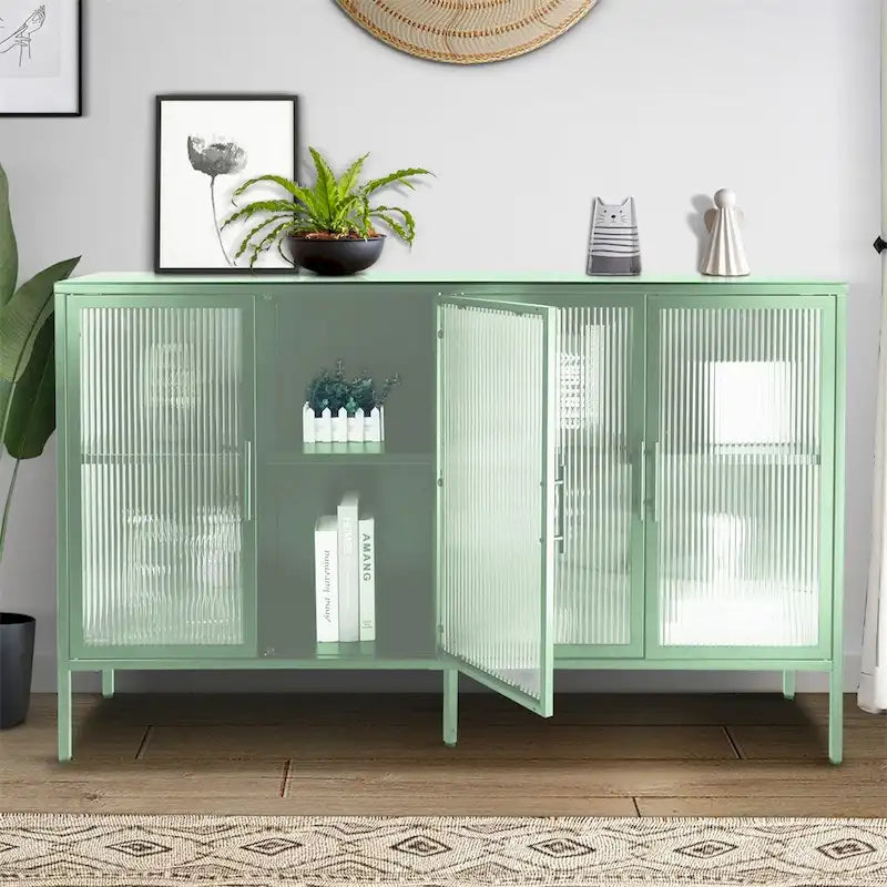 Buffet de rangement 4 portes en acier cannelé vert menthe/bleu/noir et verre trempé avec étagère réglable et dispositif anti-basculement