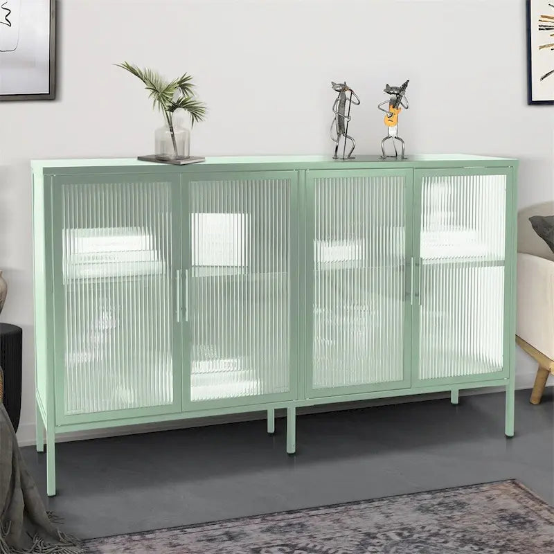 Buffet de rangement 4 portes en acier cannelé vert menthe/bleu/noir et verre trempé avec étagère réglable et dispositif anti-basculement