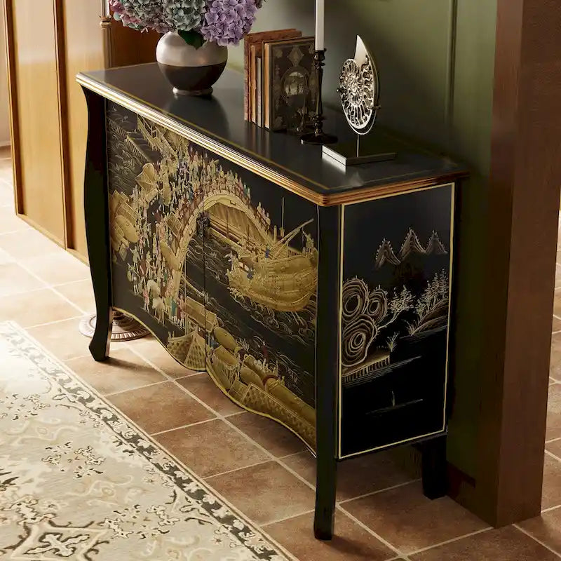 Buffet noir de style chinois peint à la main avec deux portes coulissantes, tiroirs et accents de feuille d'argent