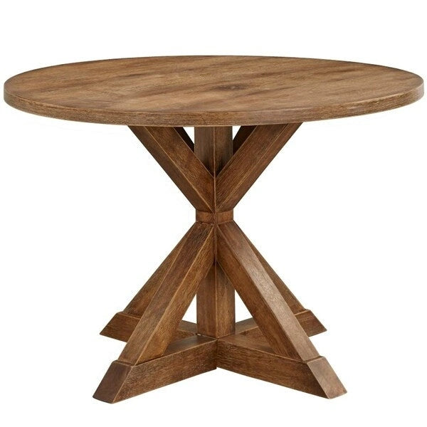 Table de salle à manger ronde surdimensionnée en bois d'hévéa brun avec piètement central et finition bois flotté vieilli, pour 4 à 6 personnes