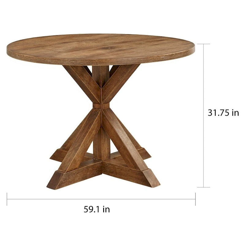 Table de salle à manger ronde surdimensionnée en bois d'hévéa brun avec piètement central et finition bois flotté vieilli, pour 4 à 6 personnes