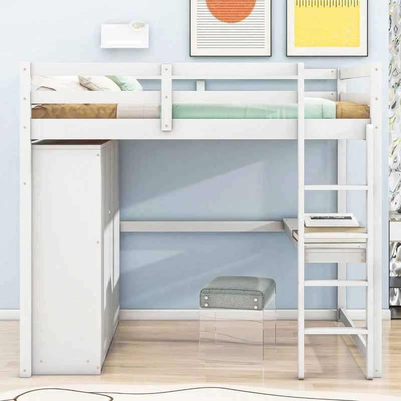 Lit mezzanine en bois pleine grandeur gris/blanc avec armoire intégrée, bureau, étagère à 2 niveaux et 3 tiroirs, pour 1 personne