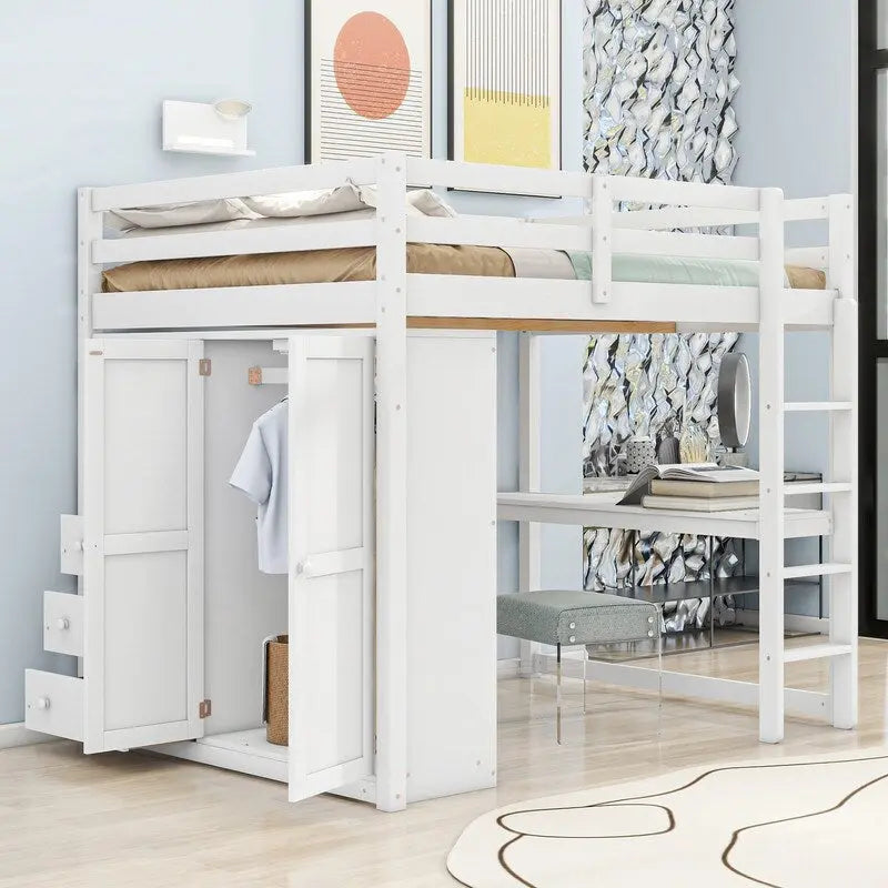 Lit mezzanine en bois pleine grandeur gris/blanc avec armoire intégrée, bureau, étagère à 2 niveaux et 3 tiroirs, pour 1 personne