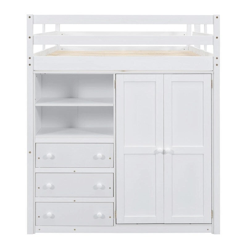 Lit mezzanine en bois pleine grandeur gris/blanc avec armoire intégrée, bureau, étagère à 2 niveaux et 3 tiroirs, pour 1 personne