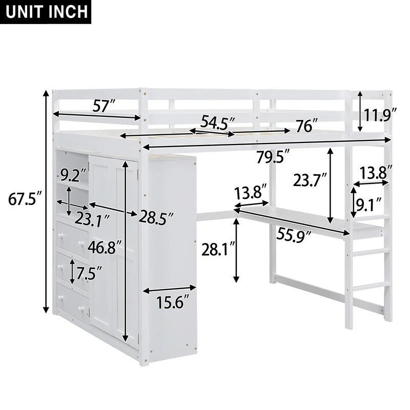 Lit mezzanine en bois pleine grandeur gris/blanc avec armoire intégrée, bureau, étagère à 2 niveaux et 3 tiroirs, pour 1 personne