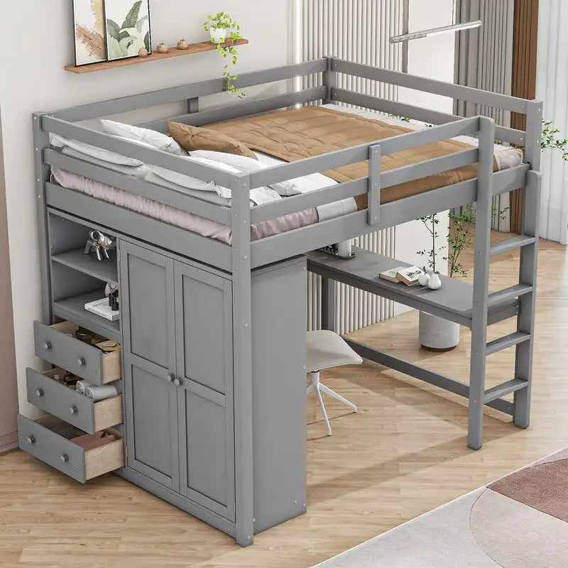 Lit mezzanine en bois pleine grandeur gris/blanc avec armoire intégrée, bureau, étagère à 2 niveaux et 3 tiroirs, pour 1 personne