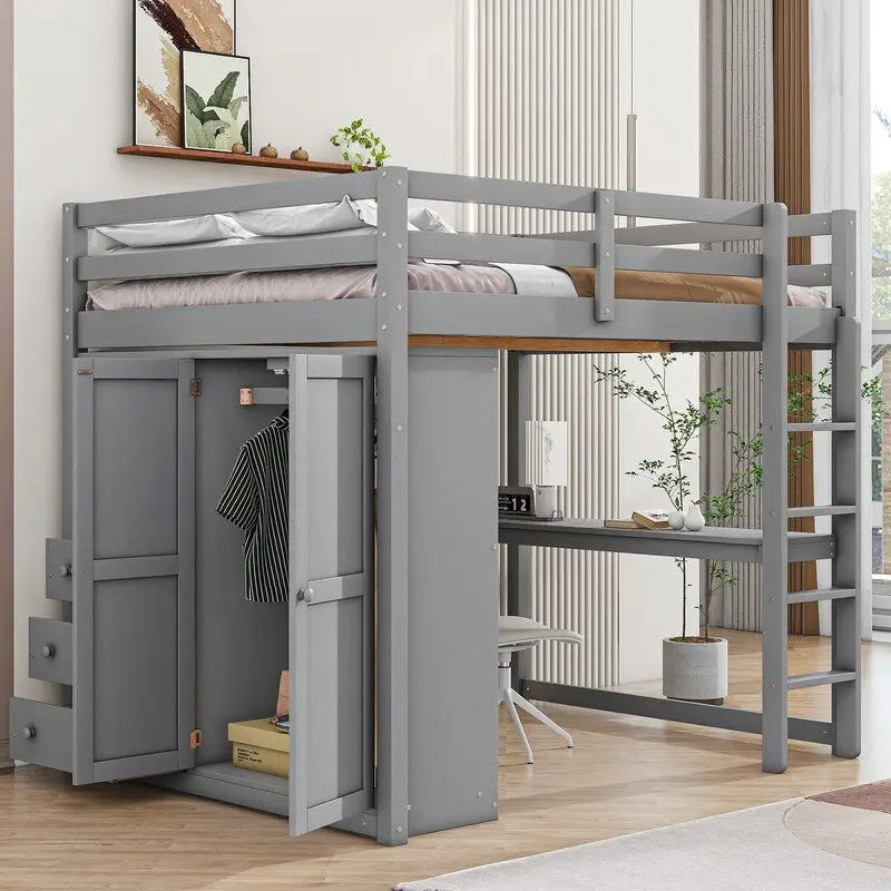Lit mezzanine en bois pleine grandeur gris/blanc avec armoire intégrée, bureau, étagère à 2 niveaux et 3 tiroirs, pour 1 personne