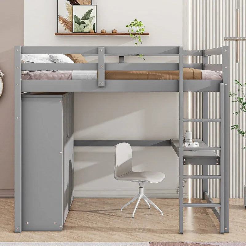 Lit mezzanine en bois pleine grandeur gris/blanc avec armoire intégrée, bureau, étagère à 2 niveaux et 3 tiroirs, pour 1 personne