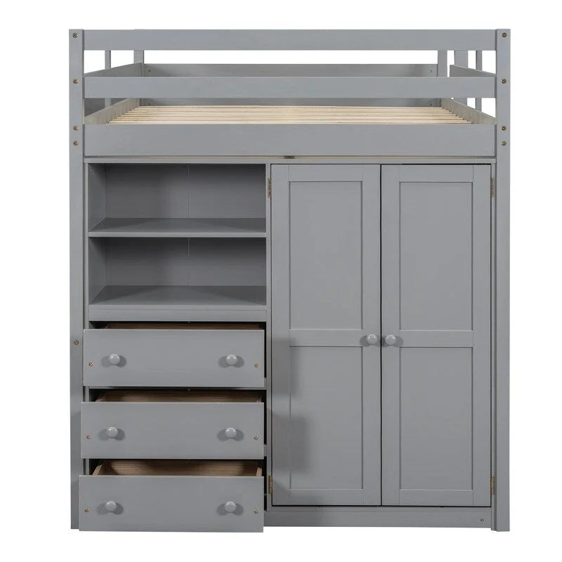Lit mezzanine en bois pleine grandeur gris/blanc avec armoire intégrée, bureau, étagère à 2 niveaux et 3 tiroirs, pour 1 personne