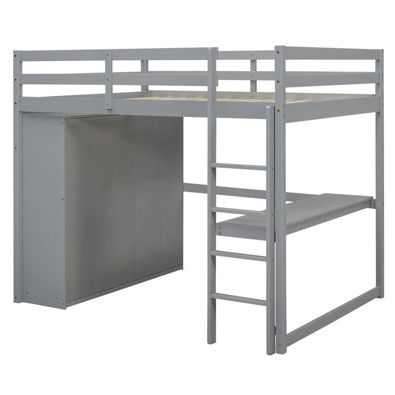 Lit mezzanine en bois pleine grandeur gris/blanc avec armoire intégrée, bureau, étagère à 2 niveaux et 3 tiroirs, pour 1 personne