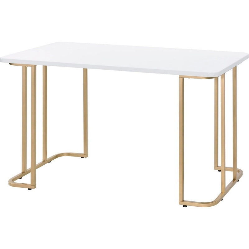 Bureau d'écriture contemporain blanc antique avec plateau carré en bois, piètement luge incurvé en métal et patins de protection, pour 1 personne