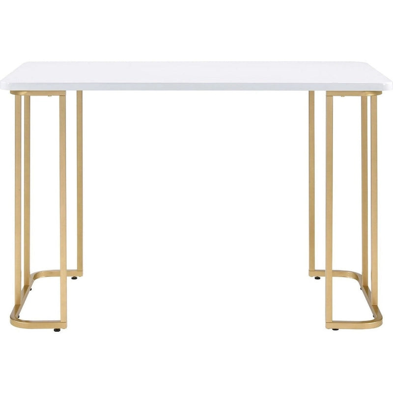 Bureau d'écriture contemporain blanc antique avec plateau carré en bois, piètement luge incurvé en métal et patins de protection, pour 1 personne