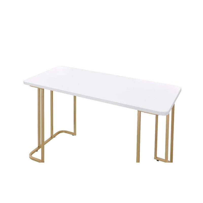 Bureau d'écriture contemporain blanc antique avec plateau carré en bois, piètement luge incurvé en métal et patins de protection, pour 1 personne