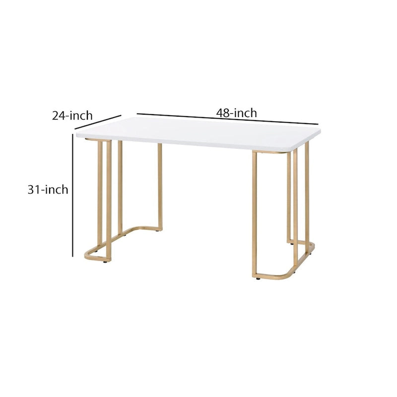 Bureau d'écriture contemporain blanc antique avec plateau carré en bois, piètement luge incurvé en métal et patins de protection, pour 1 personne