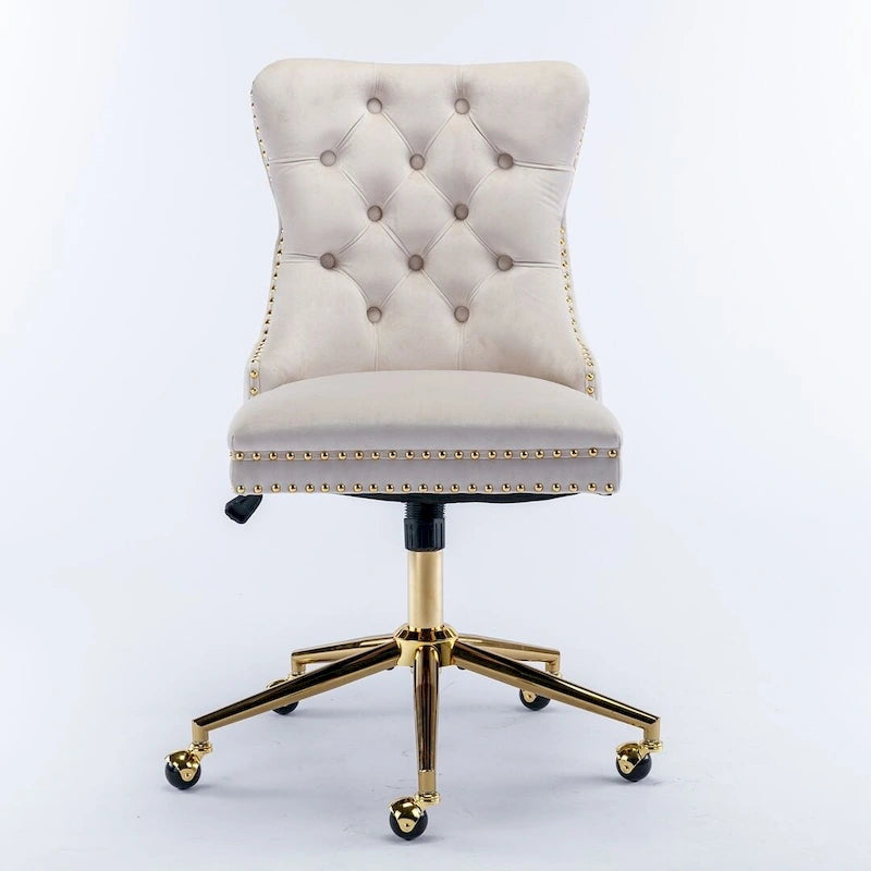 Chaise de bureau/maison en velours capitonné beige/noir/rose/gris avec base en métal doré, hauteur réglable et pivotement à 360°, pour 1 personne