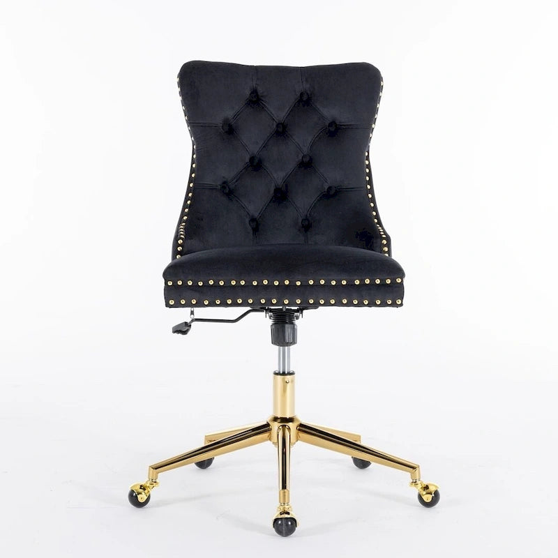 Chaise de bureau/maison en velours capitonné beige/noir/rose/gris avec base en métal doré, hauteur réglable et pivotement à 360°, pour 1 personne
