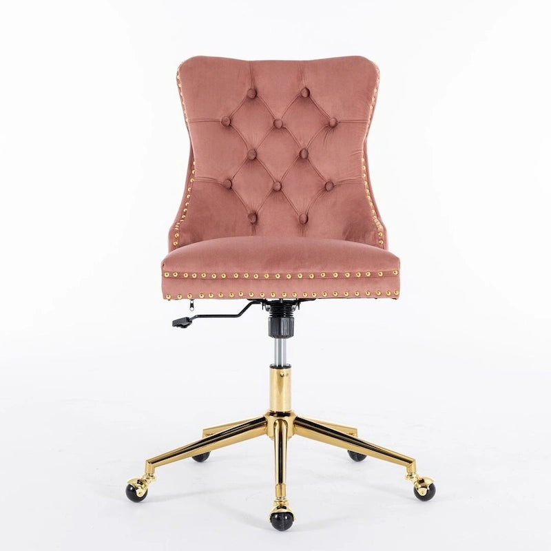 Chaise de bureau/maison en velours capitonné beige/noir/rose/gris avec base en métal doré, hauteur réglable et pivotement à 360°, pour 1 personne