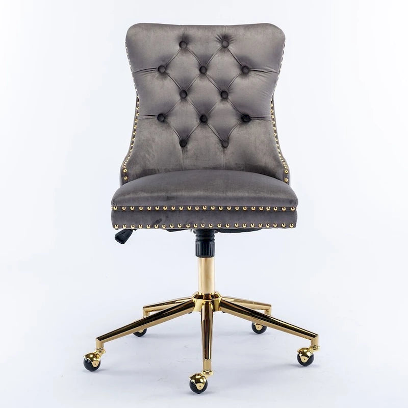Chaise de bureau/maison en velours capitonné beige/noir/rose/gris avec base en métal doré, hauteur réglable et pivotement à 360°, pour 1 personne