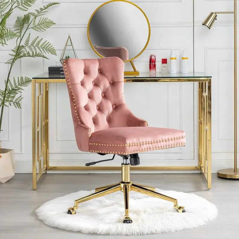 Chaise de bureau/maison en velours capitonné beige/noir/rose/gris avec base en métal doré, hauteur réglable et pivotement à 360°, pour 1 personne