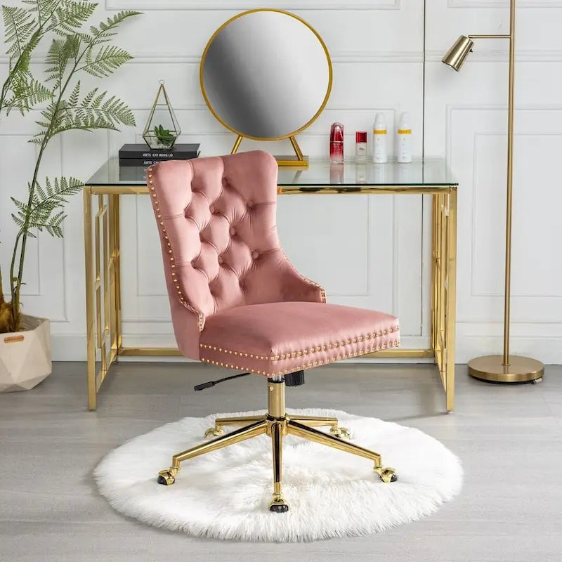 Chaise de bureau/maison en velours capitonné beige/noir/rose/gris avec base en métal doré, hauteur réglable et pivotement à 360°, pour 1 personne