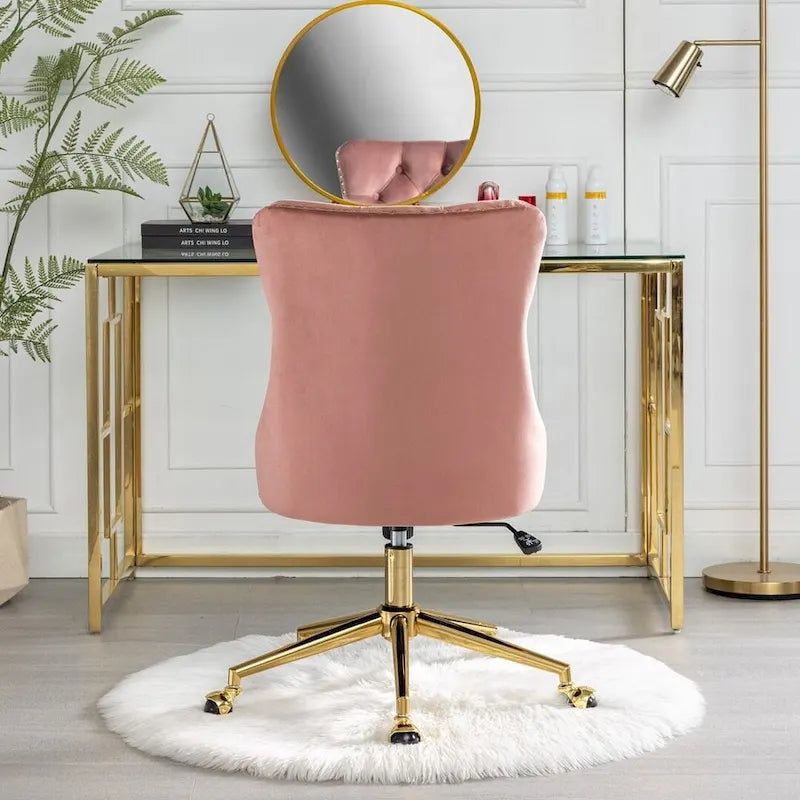 Chaise de bureau/maison en velours capitonné beige/noir/rose/gris avec base en métal doré, hauteur réglable et pivotement à 360°, pour 1 personne