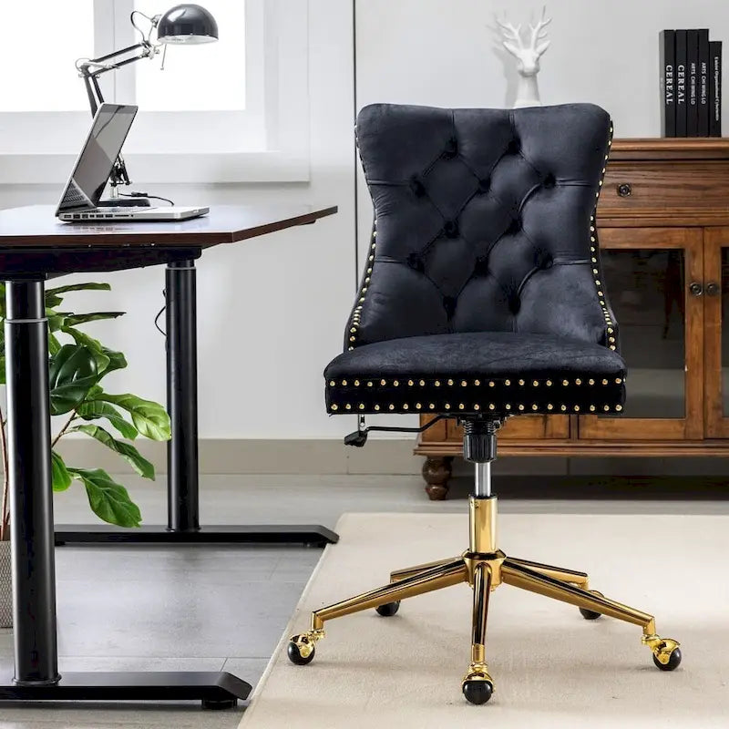 Chaise de bureau/maison en velours capitonné beige/noir/rose/gris avec base en métal doré, hauteur réglable et pivotement à 360°, pour 1 personne