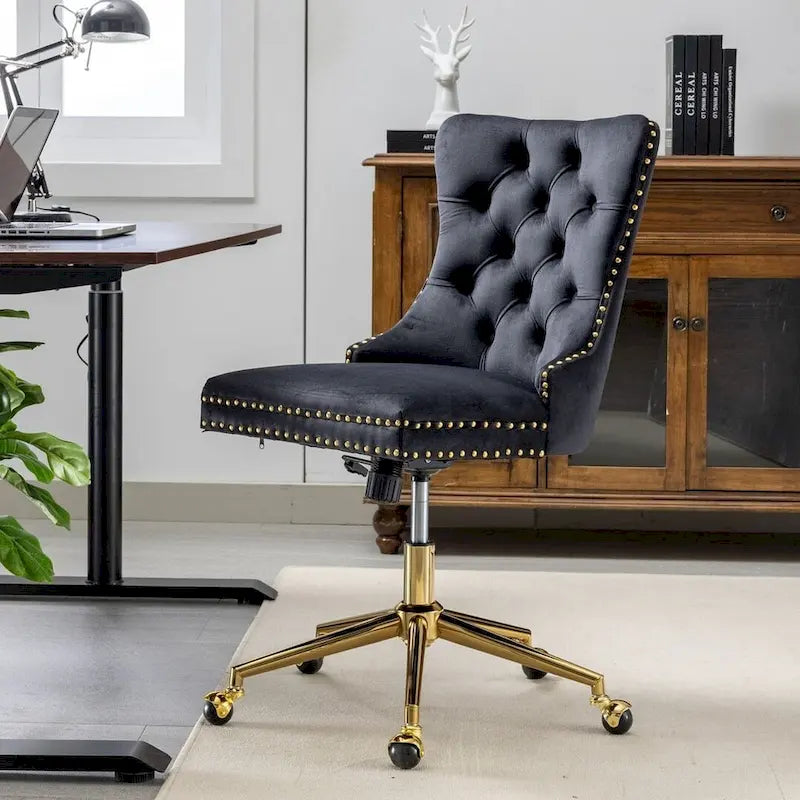 Chaise de bureau/maison en velours capitonné beige/noir/rose/gris avec base en métal doré, hauteur réglable et pivotement à 360°, pour 1 personne