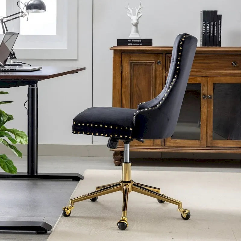 Chaise de bureau/maison en velours capitonné beige/noir/rose/gris avec base en métal doré, hauteur réglable et pivotement à 360°, pour 1 personne