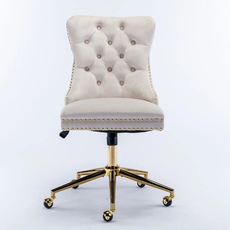 Chaise de bureau/maison en velours capitonné beige/noir/rose/gris avec base en métal doré, hauteur réglable et pivotement à 360°, pour 1 personne