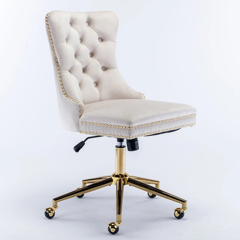 Chaise de bureau/maison en velours capitonné beige/noir/rose/gris avec base en métal doré, hauteur réglable et pivotement à 360°, pour 1 personne