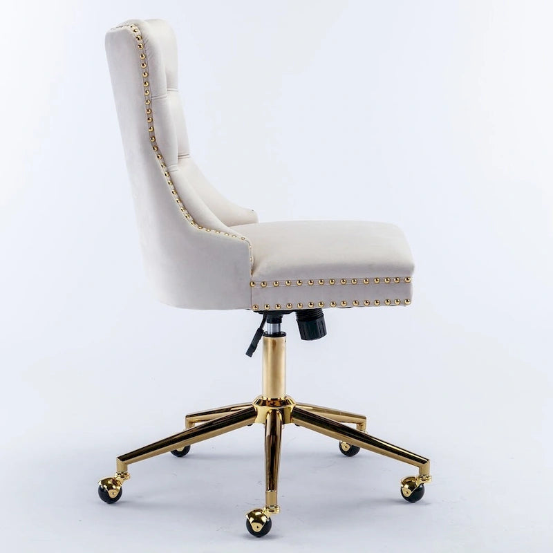 Chaise de bureau/maison en velours capitonné beige/noir/rose/gris avec base en métal doré, hauteur réglable et pivotement à 360°, pour 1 personne