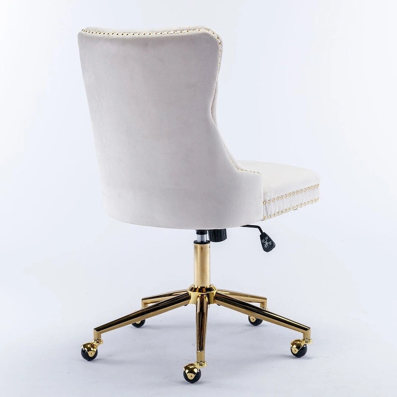 Chaise de bureau/maison en velours capitonné beige/noir/rose/gris avec base en métal doré, hauteur réglable et pivotement à 360°, pour 1 personne