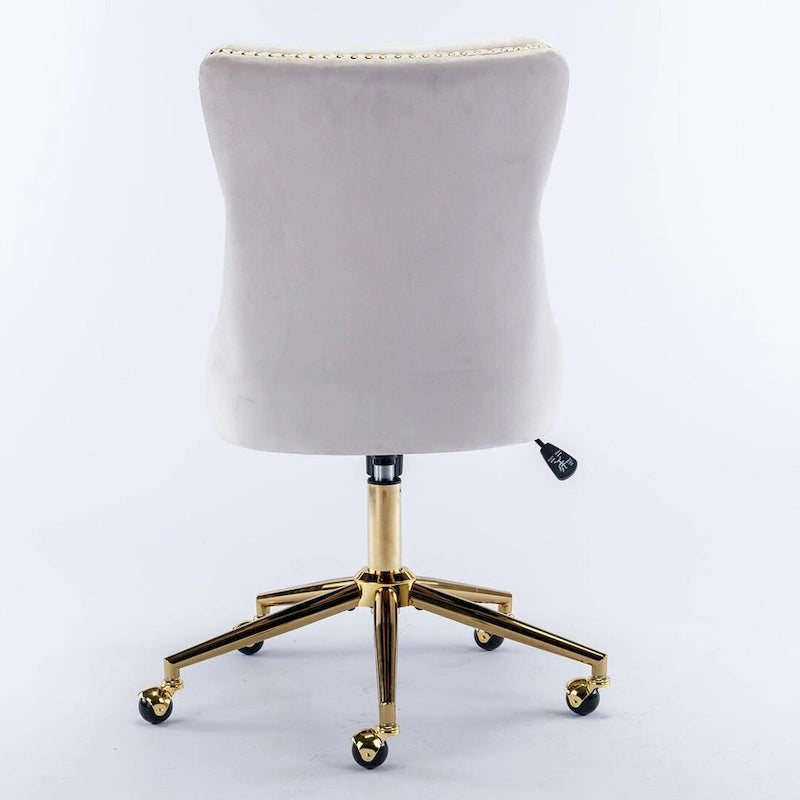Chaise de bureau/maison en velours capitonné beige/noir/rose/gris avec base en métal doré, hauteur réglable et pivotement à 360°, pour 1 personne