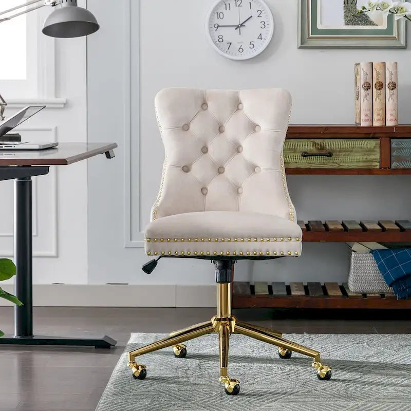 Chaise de bureau/maison en velours capitonné beige/noir/rose/gris avec base en métal doré, hauteur réglable et pivotement à 360°, pour 1 personne