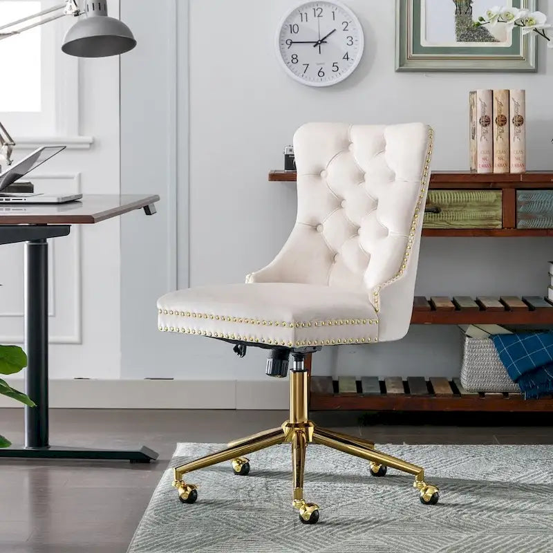 Chaise de bureau/maison en velours capitonné beige/noir/rose/gris avec base en métal doré, hauteur réglable et pivotement à 360°, pour 1 personne