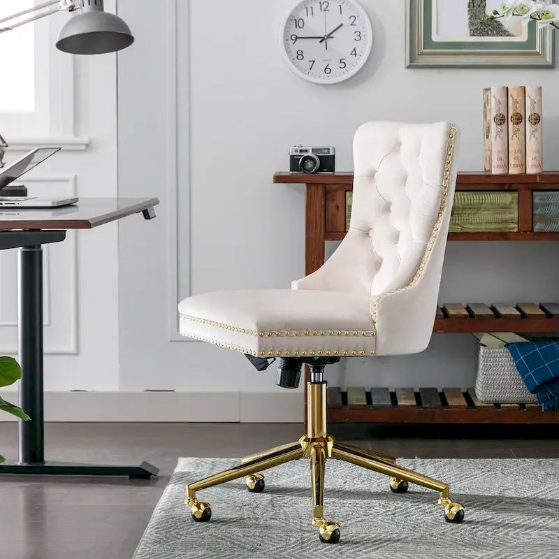Chaise de bureau/maison en velours capitonné beige/noir/rose/gris avec base en métal doré, hauteur réglable et pivotement à 360°, pour 1 personne