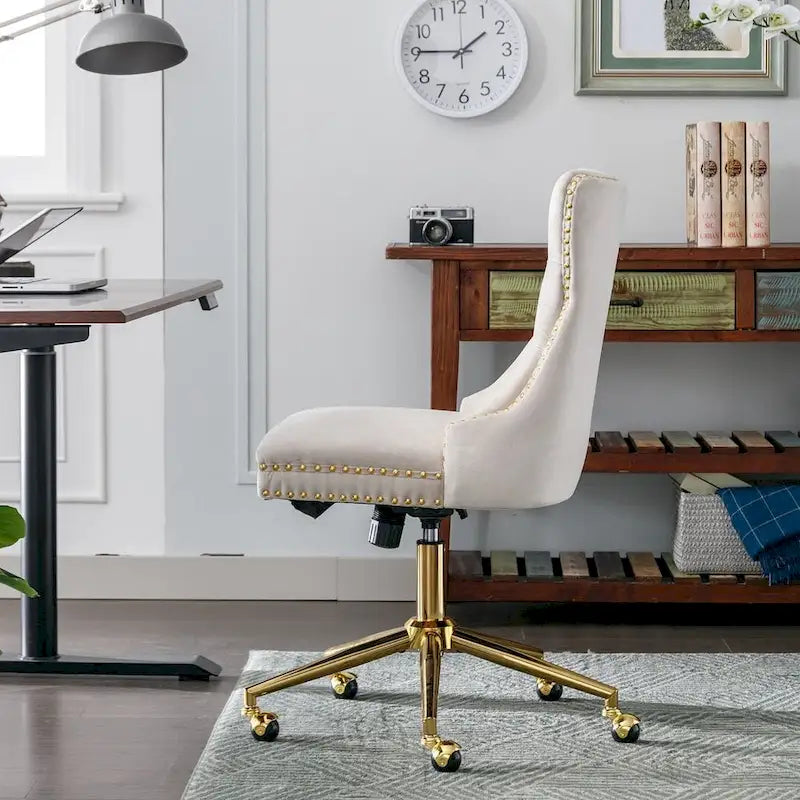 Chaise de bureau/maison en velours capitonné beige/noir/rose/gris avec base en métal doré, hauteur réglable et pivotement à 360°, pour 1 personne