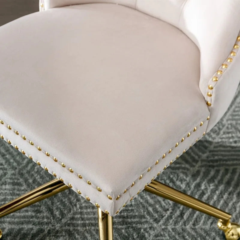 Chaise de bureau/maison en velours capitonné beige/noir/rose/gris avec base en métal doré, hauteur réglable et pivotement à 360°, pour 1 personne