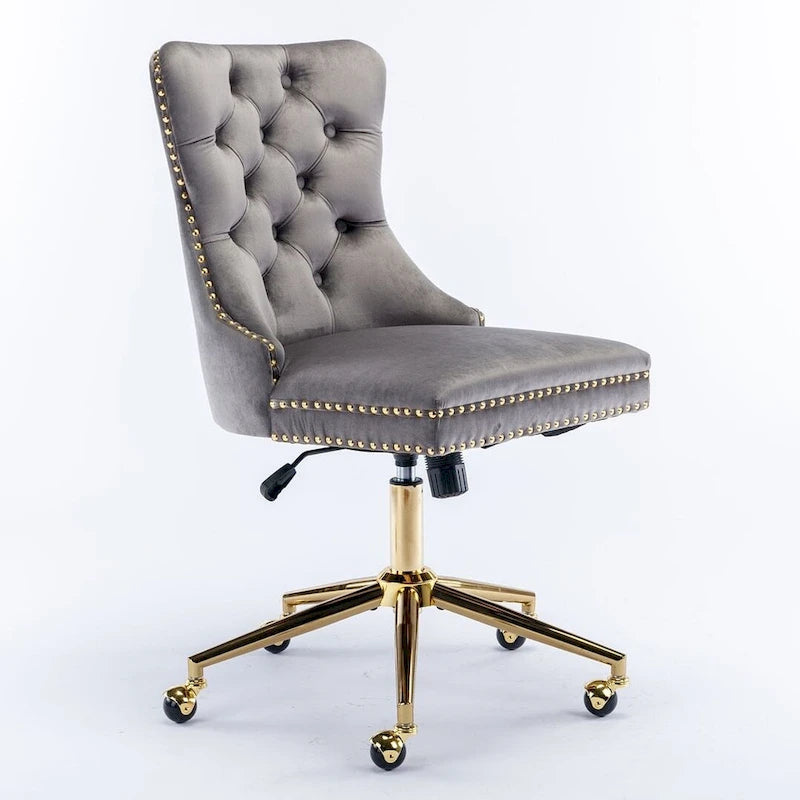 Chaise de bureau/maison en velours capitonné beige/noir/rose/gris avec base en métal doré, hauteur réglable et pivotement à 360°, pour 1 personne