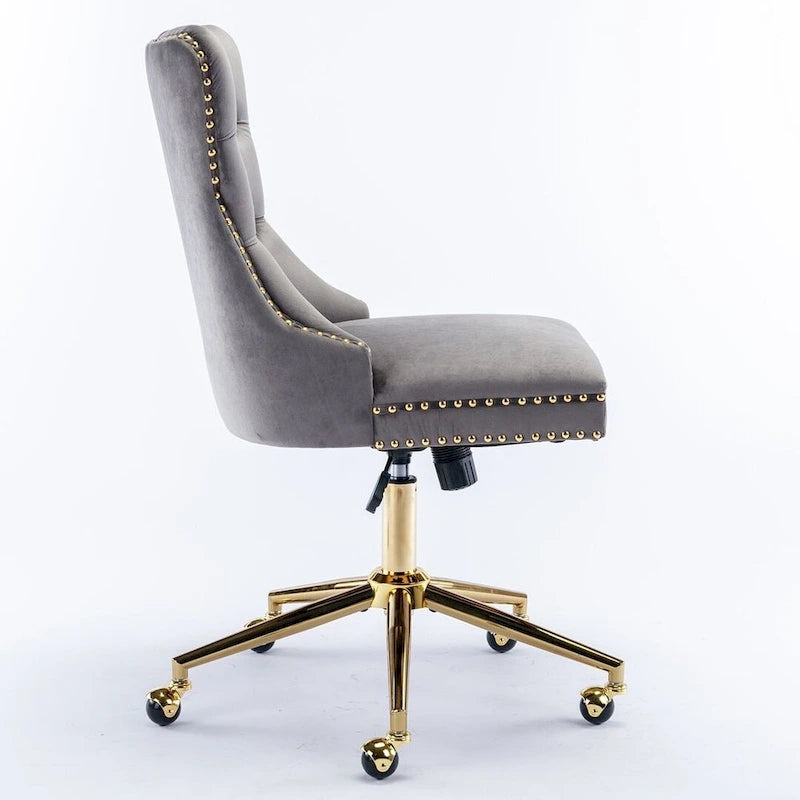 Chaise de bureau/maison en velours capitonné beige/noir/rose/gris avec base en métal doré, hauteur réglable et pivotement à 360°, pour 1 personne