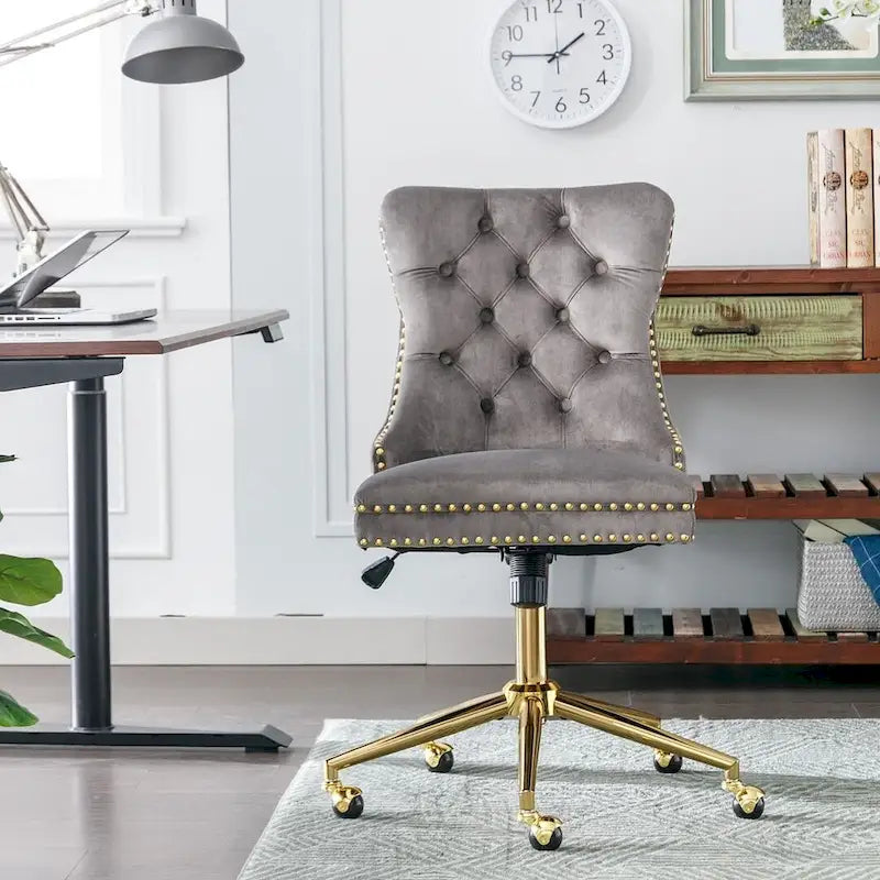 Chaise de bureau/maison en velours capitonné beige/noir/rose/gris avec base en métal doré, hauteur réglable et pivotement à 360°, pour 1 personne
