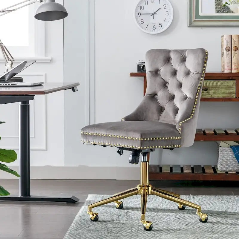 Chaise de bureau/maison en velours capitonné beige/noir/rose/gris avec base en métal doré, hauteur réglable et pivotement à 360°, pour 1 personne