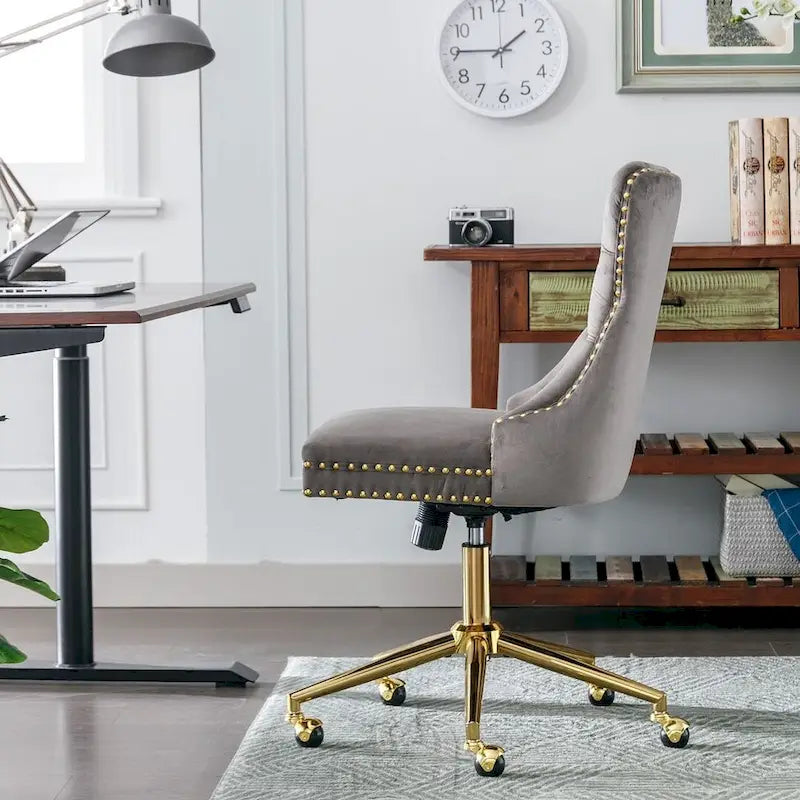Chaise de bureau/maison en velours capitonné beige/noir/rose/gris avec base en métal doré, hauteur réglable et pivotement à 360°, pour 1 personne