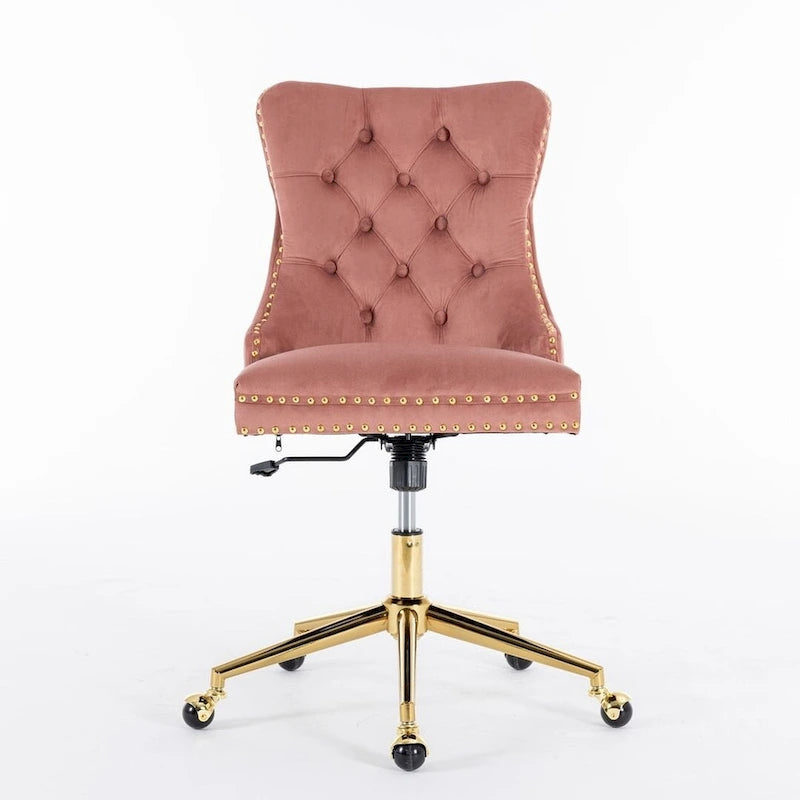 Chaise de bureau/maison en velours capitonné beige/noir/rose/gris avec base en métal doré, hauteur réglable et pivotement à 360°, pour 1 personne