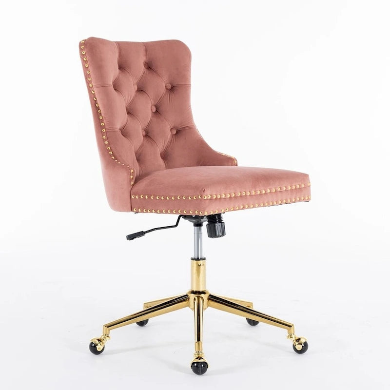 Chaise de bureau/maison en velours capitonné beige/noir/rose/gris avec base en métal doré, hauteur réglable et pivotement à 360°, pour 1 personne