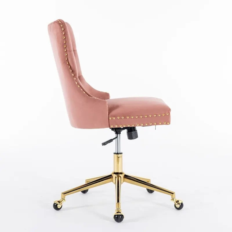 Chaise de bureau/maison en velours capitonné beige/noir/rose/gris avec base en métal doré, hauteur réglable et pivotement à 360°, pour 1 personne