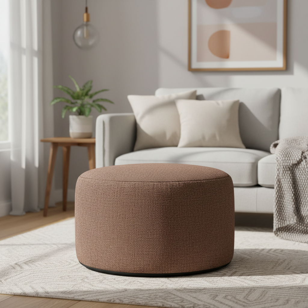 Pouf Rond Chocolat, Tissu Tressé, 1 Place