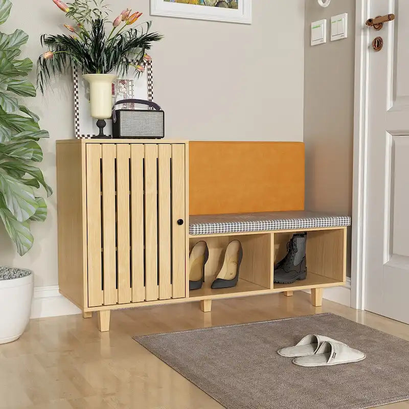 Banc à chaussures d'entrée en bois naturel avec coussin en pied-de-poule et dossier en PU, 1 place